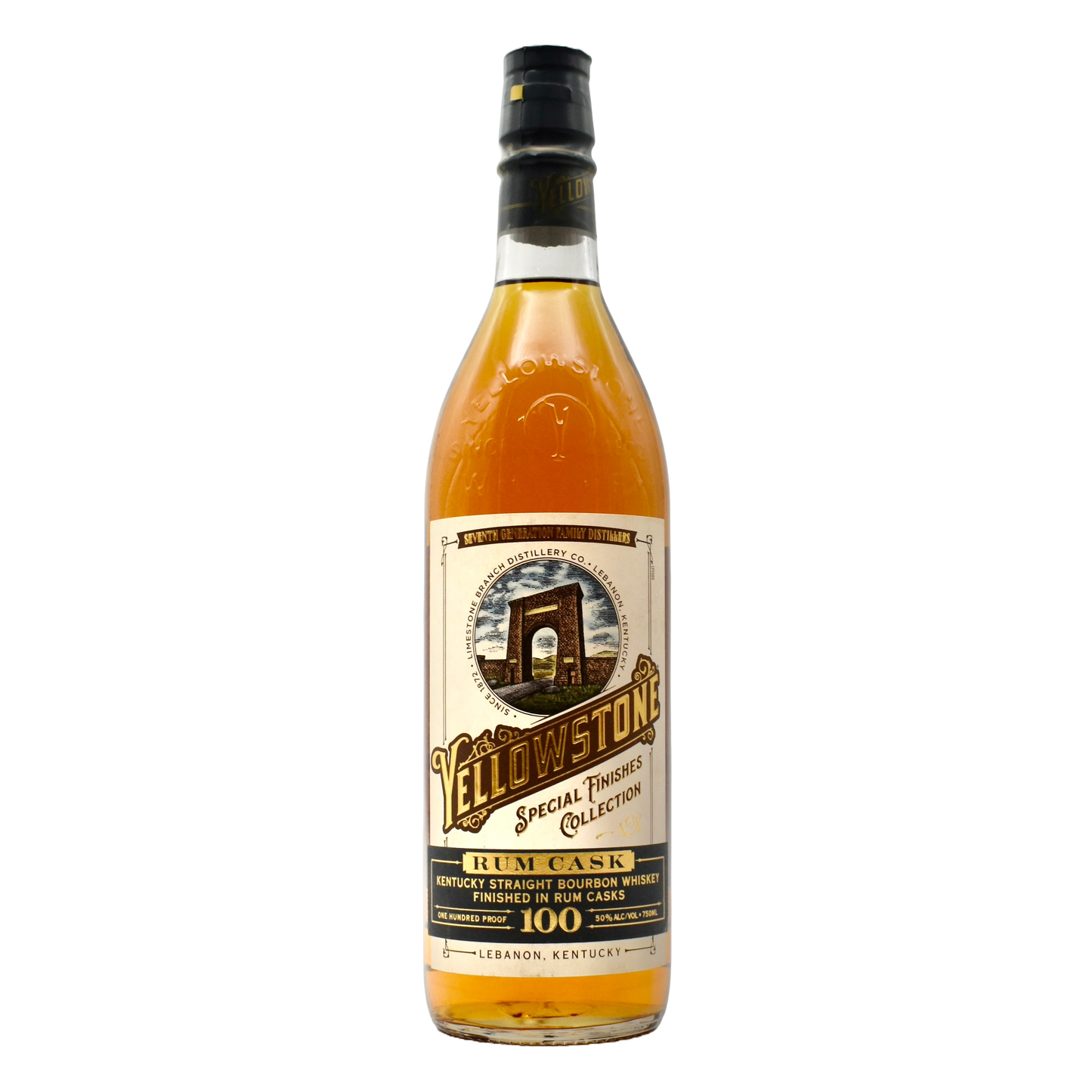 A bottle of Yellowstone Bourbon Rum Cask Special Finish with a yellow label and cap, against a plain background.