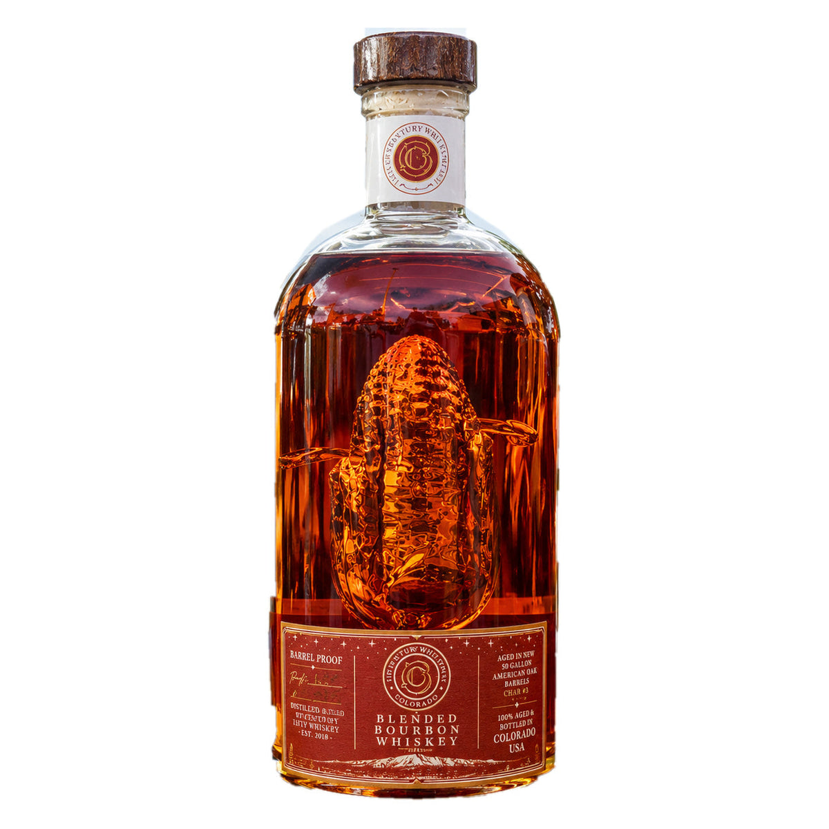 13th Century Barrel Proof Blended Bourbon Corn Cob Bottle, square white-background product photo