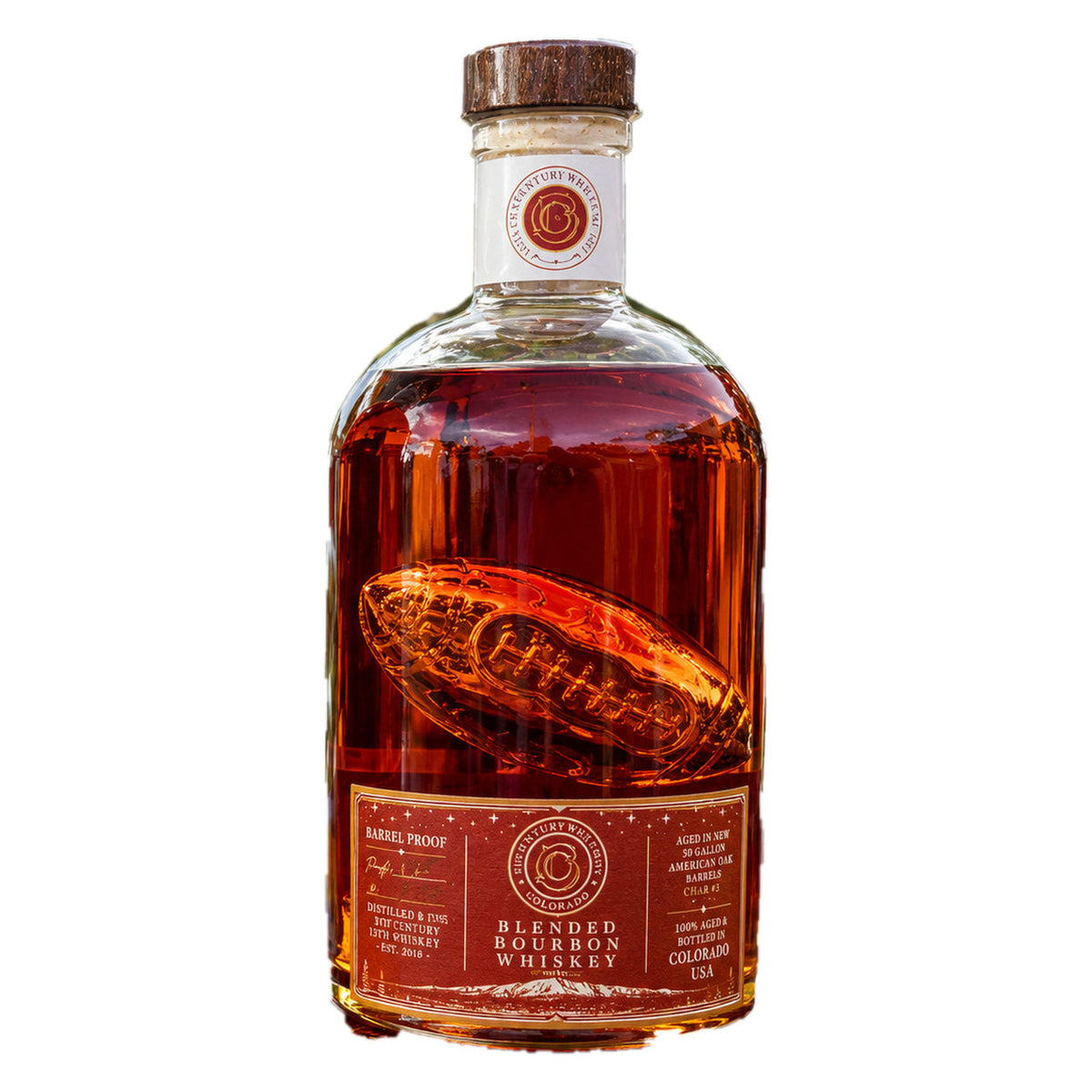 13th Century Barrel Proof Blended Bourbon Football Bottle, square white-background product photo