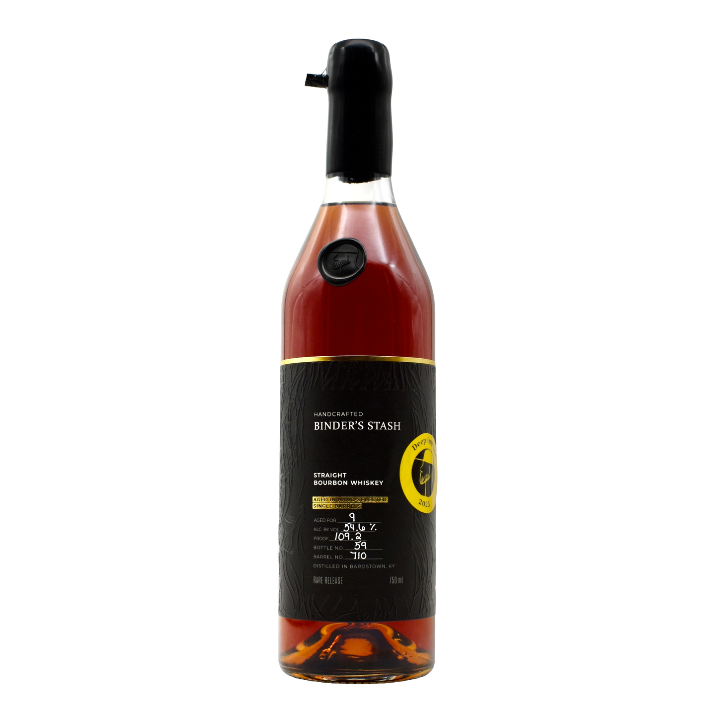 Bottle of 'Binder's Stash' straight bourbon whiskey on a white background
