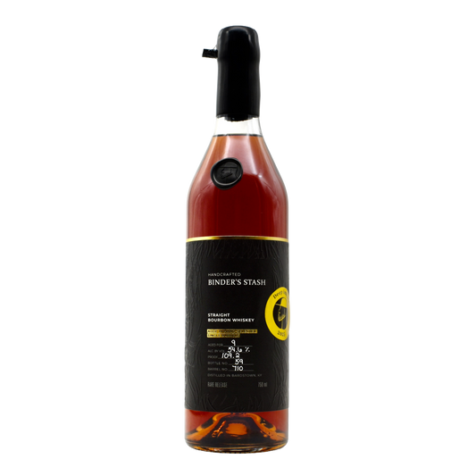 Bottle of 'Binder's Stash' straight bourbon whiskey on a white background