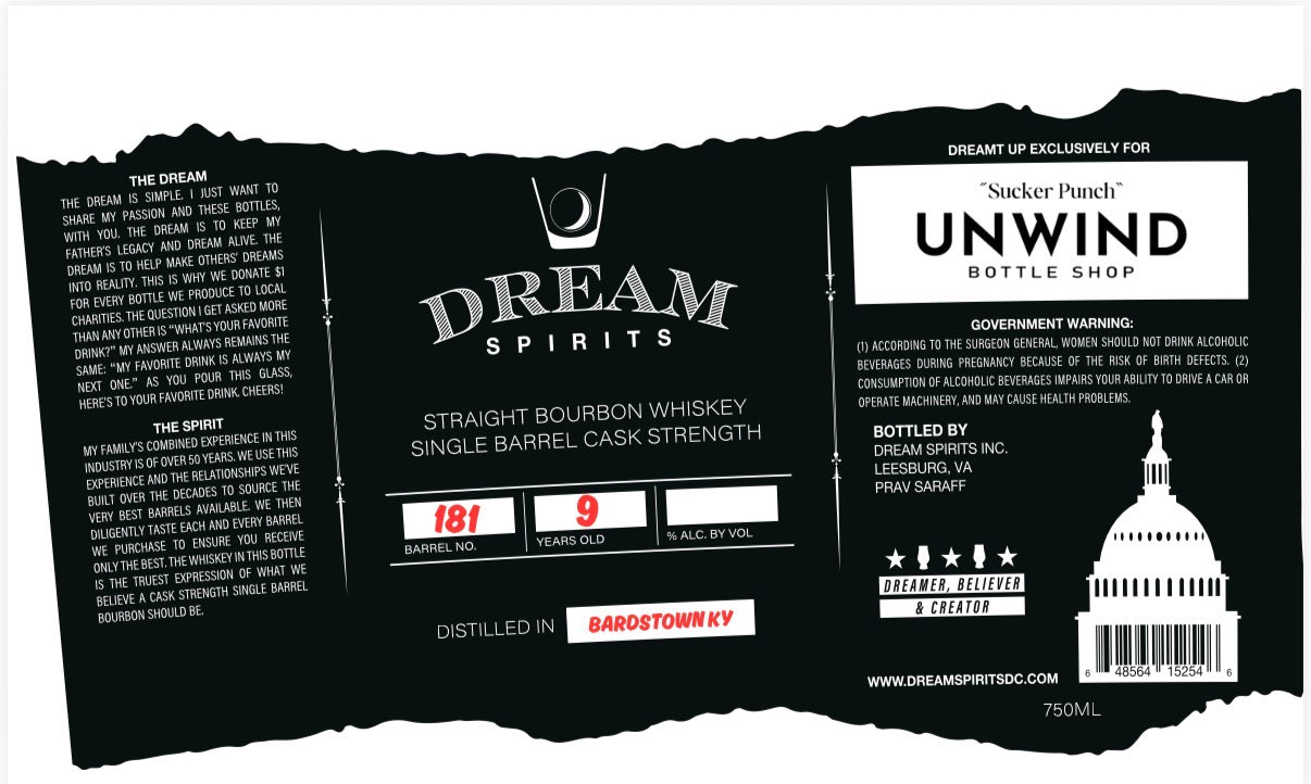 Dream Spirits Kentucky Bourbon Cask Strength 9 Year Single Barrel "Sucker Punch" 750ml  - Selected by Unwind