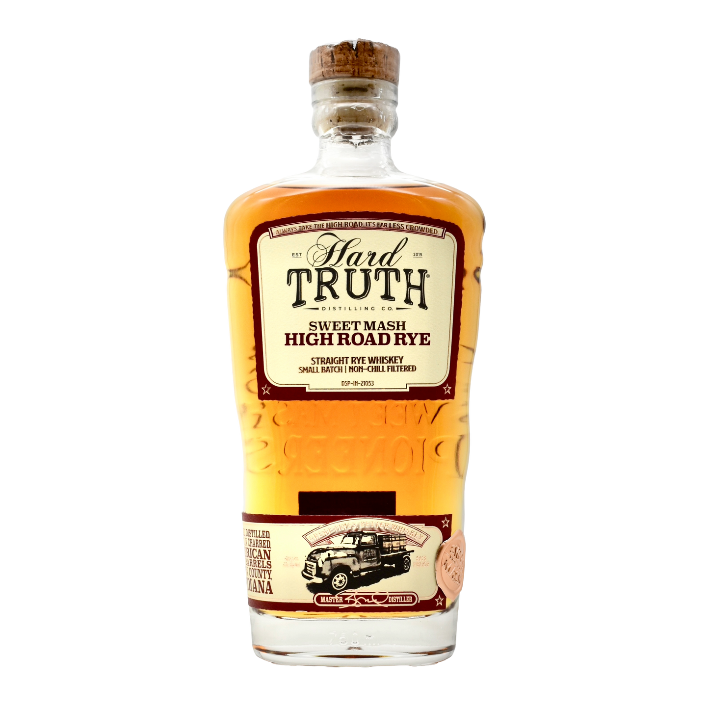 Bottle of Hard Truth Sweet Mash High Road Rye whiskey on a white background