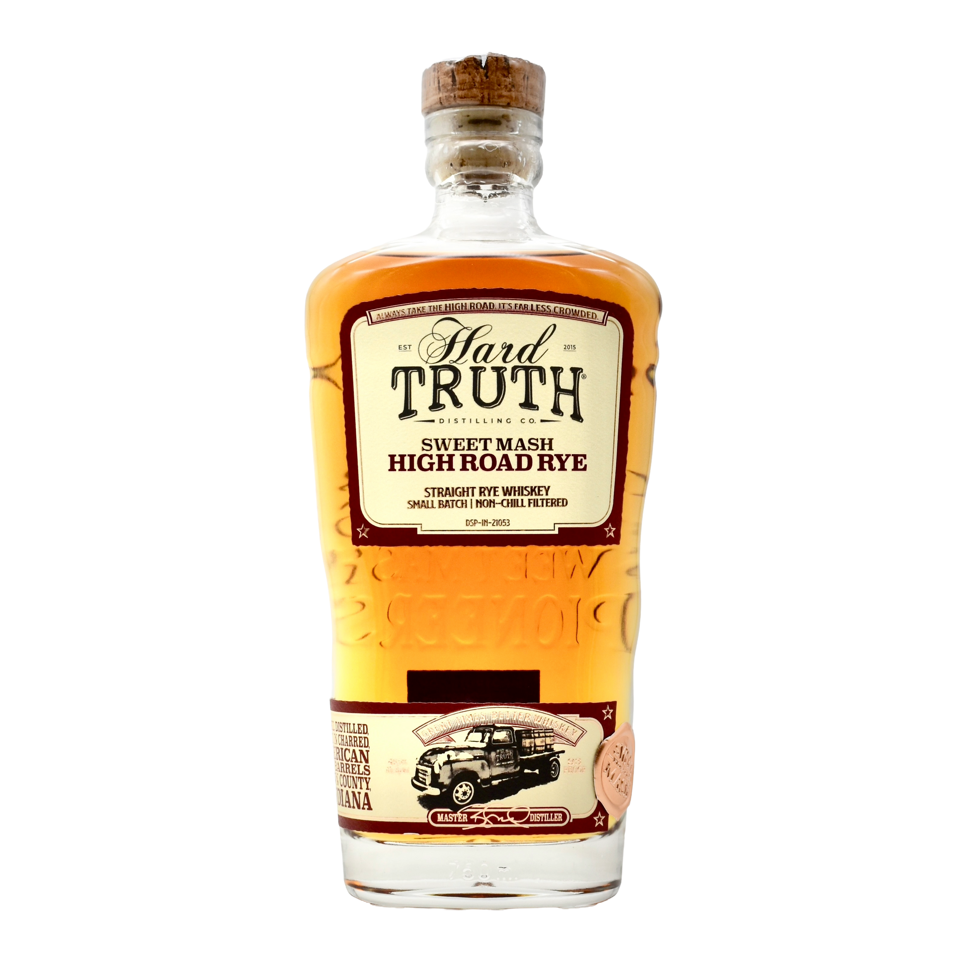 Bottle of Hard Truth Sweet Mash High Road Rye whiskey on a white background