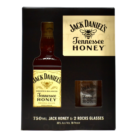 Jack Daniels Whiskey Honey 750ml & 2 Rocks Glasses Gift Set