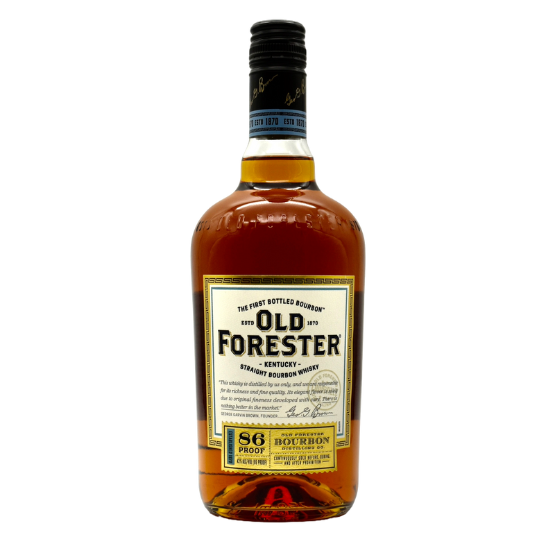 A bottle of Old Forester bourbon whiskey with a label displaying the brand name and proof, against a white background.