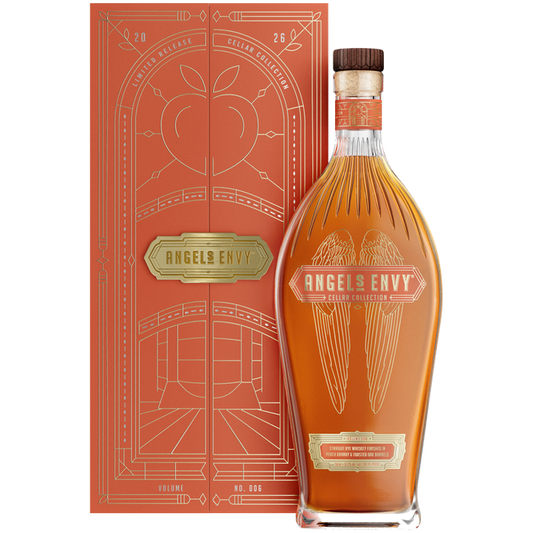 Angel's Envy Cellar Collection Volume 6 2026 Peach Brandy and Toasted Oak Rye bottle with orange presentation box