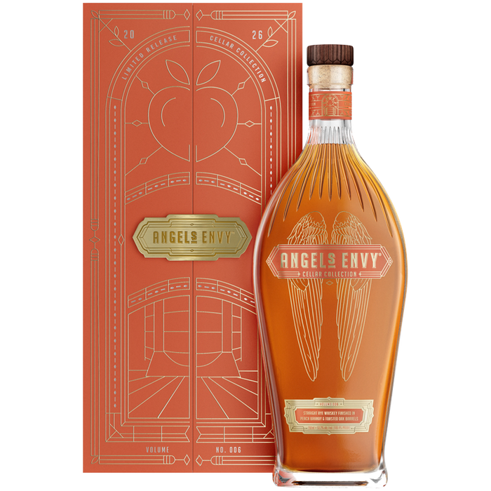 Angel's Envy Cellar Collection Volume 6 2026 Peach Brandy and Toasted Oak Rye bottle with orange presentation box