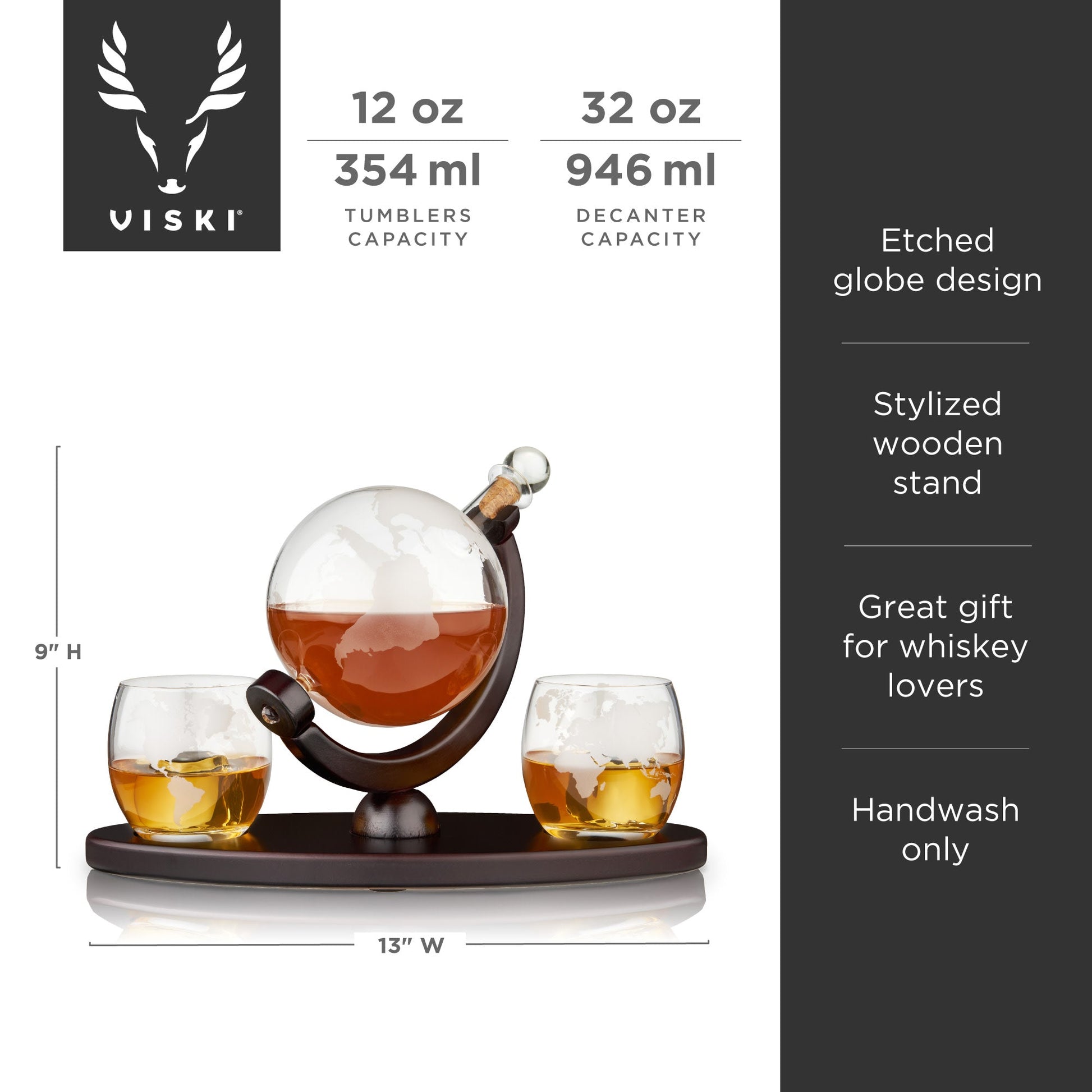 Globe Decanter & Whiskey Tumblers, Set of 3