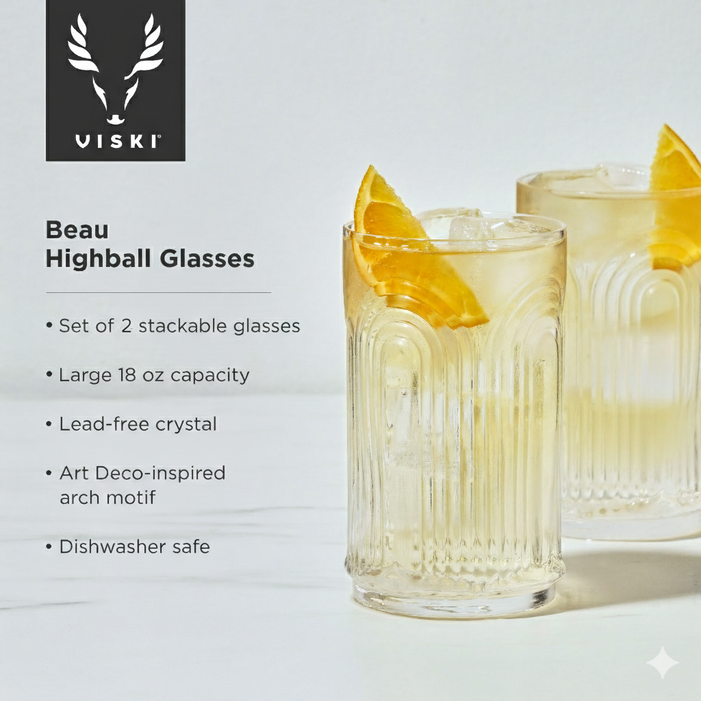 Deco Beau Crystal Highball Glasses, Set of 2