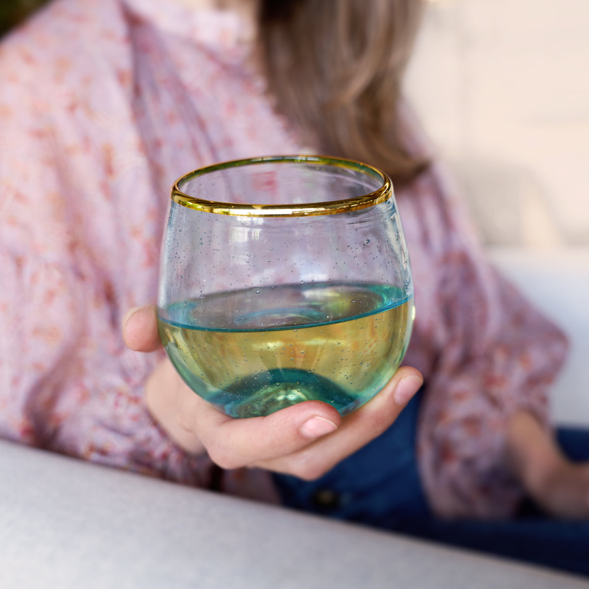 Aqua Bubble Stemless Wine Glasses, Set of 2